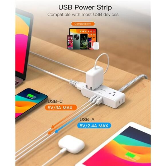 Flat Extension Cord 6 feet Flat Plug Power Strip 4 Widely Outlets with 3 USB P - Picture 6 of 7